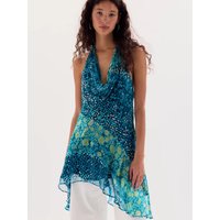 2026 New Women's Blue Green Gradient Dot Print Halter Cowl Neck Tunic Open Back Asymmetrical Hem Beach Cover Up Vacation Outfit