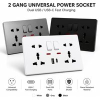 Universal Wall Socket with USB-C & USB A Charger 2 Gang Power Outlet with Switches Flush Mount 110-250V Home Office Use