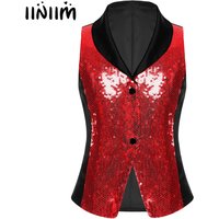 Kids Girls Glittery Sequin Satin Waistcoat Tops Lapel V Neck Pressing Button Vest Tank Top Stage Performance Costume Clubwear