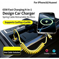 4 in 1 65W Spring Short Data Cable 6A USB Type C Spring Telescopic Quick Charger Wire Spring USB Cable for iPhone 17 15 14 13 12