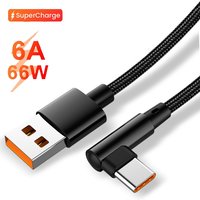 6A 66W 90° Right Angle Type C Fast Charging Cable For Samsung Huawei OPPO VIVO POCO Gaming Charger 0.25-3M Nylon Braided Wire
