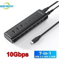 RSHTECH USB 3.2 Hub Splitter 7-IN-1 10Gbps Data Transfer with Individual Touch Switches Docking Stations for Laptop PC Computer