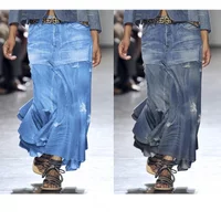 Denim Jeans Women Long Skirt KALENMOS Stretch Vintage Loose Slim Fit Blue Club Streetwear Cotton Sexy Harajuku Skirts