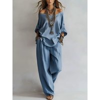 Elegant Lady Solid Color Suits Casual O-neck Off Shoulder Long Sleeve Tops&Pocket Pants Set Spring Summer New Linen Commute Sets