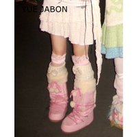 White Winter Boots Women Snow Boots Thick Sole Ski Boots Warm Mid-calf Platform Boots Slip-resistant Cotton Shoes Pink color