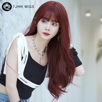 7JHH WIGS Long Body Wavy Wine Red Wig for Women Four Seasons High Density Synthetic Fashion Layered Wigs with Bangs Costume Wigs