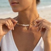 Boho Summer Imitation Pearl Choker Necklace Gold Colour Starfish Pendant for Women Handmade Vintage Surfer Style Jewelry
