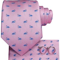 Hi-Tie Designer Pink Blue Flamingo Print Silk Ties For Men Handkerchief Cufflink Cartoon Men's Tie Gift For Men Jacquard Gravata