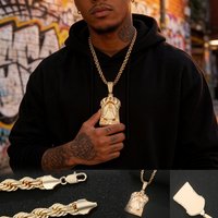 14K Gold-Plated Hip Hop Style Pendant Necklace, Square Jewelry Religious Figure Design, Trendy Street Style Men's Accessories