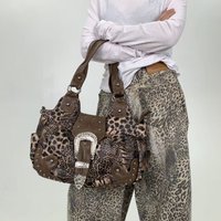 Y2K street personality spicy girl leopard print patchwork tote bag with multiple pockets and rivets retro crossbody handbag