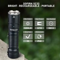 Latarka taktyczna Sofirn SC33 XHP70.3 HI LED, mocna 5200lm, zasilana akumulatorem 21700, ładowana przez USB-C, z wyłącznikiem E-switch na tylnym panelu, do użytku na zewnątrz.