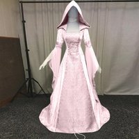 Women Cosplay Dresses Splice Medieval Retro Hooded Long Sleeve Drawstring Waist Cinched Large Floor Length Skirt Dress Vestidos