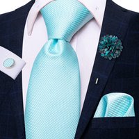 Solid Light Blue Silk Business Tie 2023 New Hi-Tie Designer Mens Necktie Luxury 8.5cm Hanky Cufflink Brooch Wedding Tie For Men
