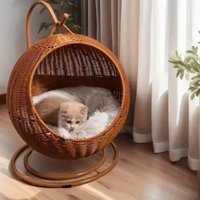 Semi-enclosed Pet Hammock Hanging Cat Nest Round Rattan Cat Cage Cat Bed with Plush Cushion Pet Cradle Bed Cat Accessories
