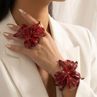 Exaggerated 3D Red Flower Cuff Bracelet Ring Set for Women Romantic Floral Open Bangle Ring Aesthetic Party Jewelry Gift