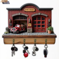 2D Flat, 1pc, Vintage Fire Truck Fire Station Key Hook Wooden Multifunctional Home Key Hook with Four Metal Hooks, Wall