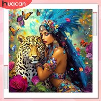 HUACAN Diamond Mosaic Leopard Woman Portrait Indian Personalized Gifts Decorative Rose Flower Butterfly Paintings Home Art