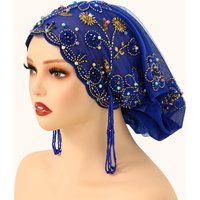 Muslim Lace Pearls Hat Caps Mesh Fabric Bead Tube Paired With An Acrylic Diamond Thread Embroidered Hat For Dubai Arabian Women