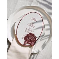 Oval Letterpress Wedding Menu Card with Die Cut Peony Floral Tag, Burgundy Customizable Menu with Guest Names, Wedding Table Dec