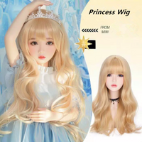 Princess Wig for Girls Synthetic Hair Extensions Long Curly Hair with Bangs Big Waves Light Golden Color for Kids