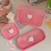 Hello Kitty Mesh Makeup Bag, Transparent Portable Cosmetic Organizer, Travel Storage Bag.