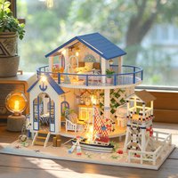 Zuuton Ocean Seaside DIY Miniature Dollhouse Kit Two Floor Wooden Assembled Beach House Model With LED Light Handmade Craft Gift