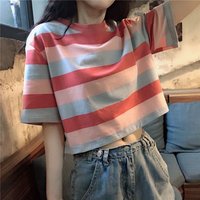 Women Casual Striped Cropped T-Shirt Short Sleeve O-Neck Loose Crop Top Y2K Streetwear Summer Basic Tee