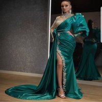 Evening Party Dress Women Elegant Beading Side Split Satin Lantern Sleeve Green Wedding Prom Gown Long Maxi Dresses 2023