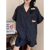 Embroidery Dog Sweet Fashion Pajamas Set For Women Plaid Lapel Neck Elastic Waist Design Short Comfortable New Casual Nightwear