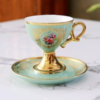 European retro ceramic coffee cup with gold border painted flowers, high footed cup set with exquisite floral patterns, tea set