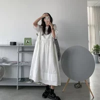 Summer New Preppy Style Loose Midi Dress Short Sleeve Solid Color Pleated All-match Casual Dresses Fashion Vintage Women Clothes