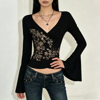 SUCHCUTE Retro Print V-Neck Fitted Top Elegant Y2K Flare Sleeves T-Shirt Streetwear Casual Clothing Spring Grunge Fairycore 2026