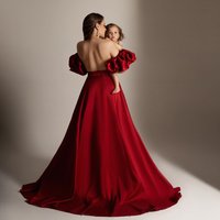 Luxury Maternity Gown w/ Detachable Train & Bubble Sleeves - Lace Satin Photoshoot Dress for Baby Shower (red/White)