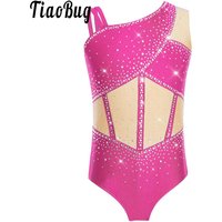Kid Girls Figure Skating Ballet Gymnastics Costume Sleeveless Asymmetrical Leotards Rhinestones Bodysuit Rhythmic Jazz Dancewear