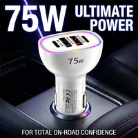 4-Port 75W Car Charger Fast Charging Type C PD 30W Auto Adapter with Ambient LED Light Bilateral Metal Contacts For Tablets