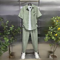 2026 Summer Men's Linen Set Short Sleeve Shirt & Pants Loose Fit Casual Two Piece Suit Breathable Streetwear