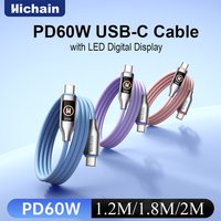 PD60W USB C Cable With Light Display Nylon Braided Type C Fast Charging Cable 480Mbps Data Transfer For iPhone For Xiaomi