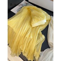 Beiyingni Elegant Irregular Pleated Long Skirts for Women Solid Color Flowy Ball Gown Yellow Pleated Midi Skirt Female Summer