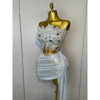 Sparkly Silver Sequins Sexy Strapless Short Dress 2Pcs Set Newest 2025 Women Party Birthday Nightclub Singer Dancer Stage Wear