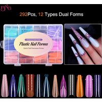BNG 292PCS Dual Nail Forms for Poly Nail Gel 12 Shapes Acrylic Nail Extension Molds Reusable Builder Gel Tips for Salon & DIY