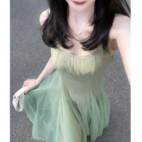 Artistic Green Strapless Birthday Dress for Women Summer Vacation Backless Mesh Fairy Long Dress Faux Two-Piece Design Vestidos