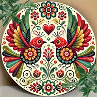 2D Flat "Vibrant Mexican Talavera Style Two Red Birds with Floral Patterns & Heart" Retro Round Metal Tin Sign - Mexican Folk Ar