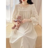 Womens Cotton Nightgowns Long Sleeved Lace Home Dress