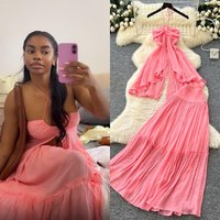 Elegant Women Halter 2 Piece Set Y2K Sexy Backless Irregular Ruffle Crop Top + Tiered Maxi Skirt Summer Boho Vacation Outfits