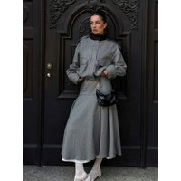 HH 2026 Women Spring Skirt Suit Stand Collar Single Breasted Casual Plaid Bomber Jacket+Side Zipper Splicing Pleated Midi Dress
