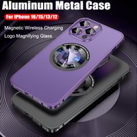 Coque métallique en aluminium avec chargement magnétique sans fil, dernier Style, pour iPhone 16 15 14 13 12 Pro Max, Film de verre pour objectif, couverture arrière rigide pour PC