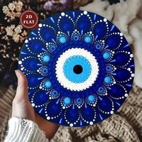 2D Flat, 1pc Evil Eye Mandala Wall Decor - Waterproof Aluminum Metal Protection Symbol with Navy Blue, White & Turquoise Hanging