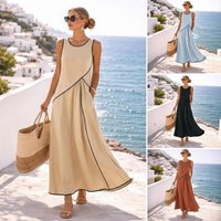 2026 New Womens Outfit Round Neck Sleeveless Color Block Loose Slim Fit Cross Over Dress Sleeveless Long Dress Elegant Casual