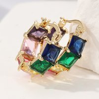 Fashion Multicolor Square Synthetic Zirconia Inlaid Golden Plated Hoop Earrings Women Elegant Sparkling Banquet Wedding Jewelry