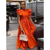 Long Summer Knitted Dress Ruffle Sleeves Casual Orange Dress Women Elegant Luxury Ladies Straight Dresses Wholesale Dropshipping